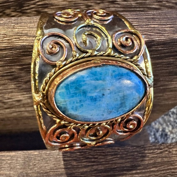 Artisan-Made 2-inch Wide Cuff Bracelet with Apatite Stone and Mixed Metals, Adj - Picture 11 of 12